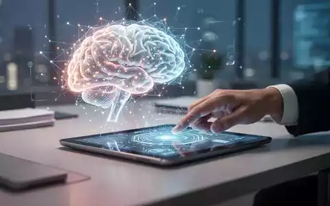 Ein stilisiertes, leuchtendes KI-Gehirn auf einem modernen Schreibtisch, interagierend mit einer Hand auf einem Tablet, symbolisiert Zeitmanagement. - Foto: über boerse-global.de