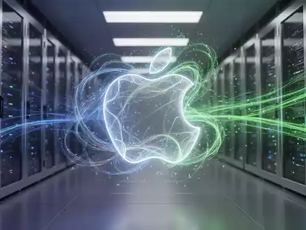 Eine futuristische Darstellung der Fusion von Apple- und Google Gemini-Künstlicher Intelligenz mit Logos und Datenströmen. - Foto: über boerse-global.de