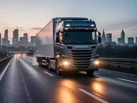 Ein moderner LKW fährt bei Dämmerung auf einer Autobahn in der Nähe von Köln, mit der Stadtkulisse im Hintergrund. - Foto: über boerse-global.de