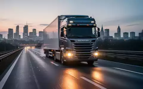 Ein moderner LKW fährt bei Dämmerung auf einer Autobahn in der Nähe von Köln, mit der Stadtkulisse im Hintergrund. - Foto: über boerse-global.de