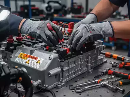 Ein Techniker in Sicherheitshandschuhen arbeitet präzise an Hochvoltkomponenten eines Elektrofahrzeugs in einer Werkstatt. - Foto: über boerse-global.de