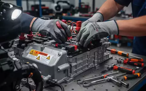 Ein Techniker in Sicherheitshandschuhen arbeitet präzise an Hochvoltkomponenten eines Elektrofahrzeugs in einer Werkstatt. - Foto: über boerse-global.de
