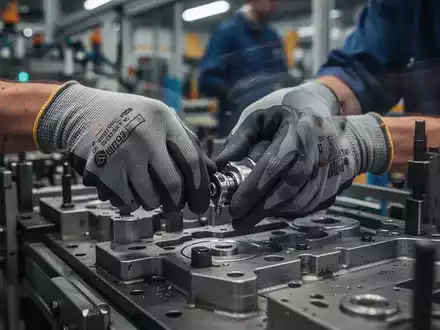 Hände eines Arbeiters in ergonomischen Handschuhen, die ein Bauteil an einer Produktionslinie zusammenbauen, mit leichter Bewegungsunschärfe. - Foto: über boerse-global.de