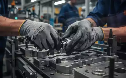 Hände eines Arbeiters in ergonomischen Handschuhen, die ein Bauteil an einer Produktionslinie zusammenbauen, mit leichter Bewegungsunschärfe. - Foto: über boerse-global.de