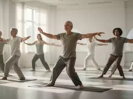 Eine Gruppe von Menschen praktiziert achtsame Bewegung wie Yoga oder Tai Chi in einem hellen, ruhigen Raum, was Ruhe und Wohlbefinden ausstrahlt. - Foto: über boerse-global.de