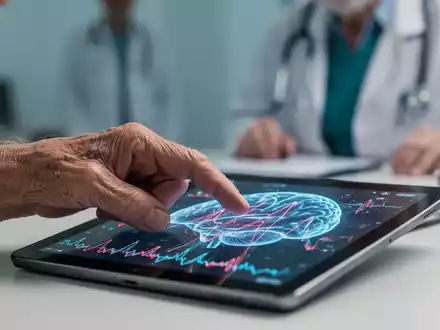 Eine ältere Hand berührt ein Tablet mit Gehirnaktivitätsmustern, im Hintergrund eine unscharfe medizinische Fachkraft. Fokus auf Demenz-Screening und Technologie. - Foto: über boerse-global.de