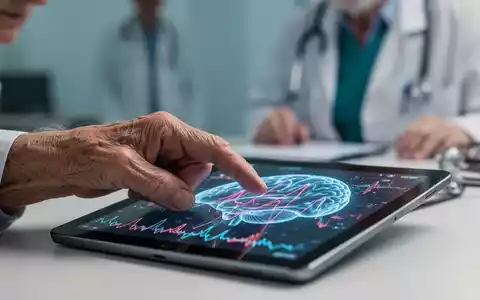 Eine ältere Hand berührt ein Tablet mit Gehirnaktivitätsmustern, im Hintergrund eine unscharfe medizinische Fachkraft. Fokus auf Demenz-Screening und Technologie. - Foto: über boerse-global.de