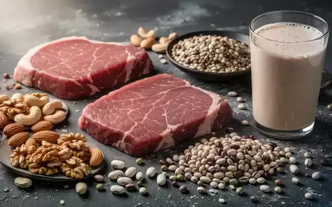 Nahaufnahme verschiedener Proteinquellen wie mageres Fleisch, Nüsse, Hülsenfrüchte und ein Proteinshake, ästhetisch arrangiert. - Foto: über boerse-global.de