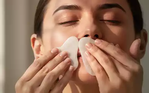 Nahaufnahme einer Frau, die eine Gua Sha Massage an ihrer Wange durchführt, mit weichem, natürlichem Licht. - Foto: über boerse-global.de