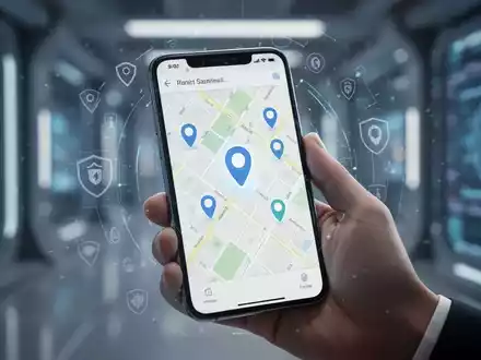 A hand holds a smartphone displaying a map with location pins, overlaid with digital privacy icons, against a blurred tech background. - Foto: über boerse-global.de