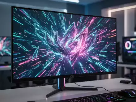 A close-up of a sleek, modern ultrawide monitor displaying vibrant, high-resolution graphics, with a blurred background. - Foto: über boerse-global.de