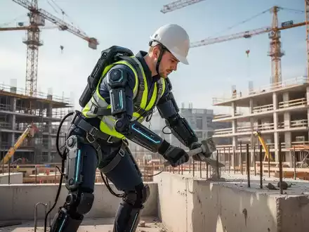 Ein Bauarbeiter trägt ein fortschrittliches Exoskelett auf einer Baustelle, das Sicherheit und Technologie bei der Arbeit demonstriert. - Foto: über boerse-global.de