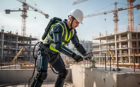 Ein Bauarbeiter trägt ein fortschrittliches Exoskelett auf einer Baustelle, das Sicherheit und Technologie bei der Arbeit demonstriert. - Foto: über boerse-global.de