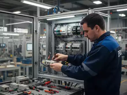 Nahaufnahme eines Arbeiters, der elektrische Komponenten in einem modernen Fabrikumfeld montiert, mit Fokus auf Ergonomie. - Foto: über boerse-global.de