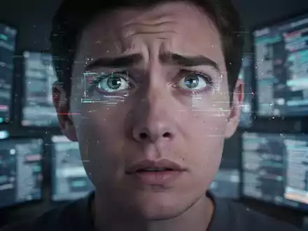 Ein Gesicht, beleuchtet von mehreren digitalen Bildschirmen, die sich in den Augen spiegeln und Ablenkung und Überforderung ausdrücken. - Foto: über boerse-global.de