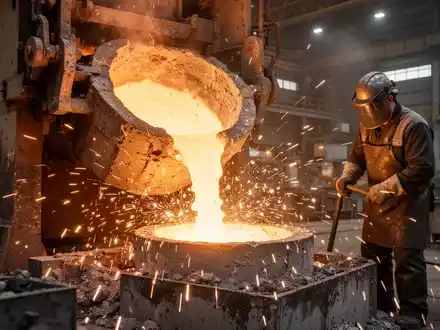 Ein Industriearbeiter in Schutzkleidung überwacht den Gießprozess in einer modernen Aluminiumgießerei mit flüssigem Metall und Funkenflug. - Foto: über boerse-global.de