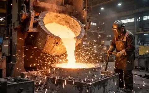 Ein Industriearbeiter in Schutzkleidung überwacht den Gießprozess in einer modernen Aluminiumgießerei mit flüssigem Metall und Funkenflug. - Foto: über boerse-global.de