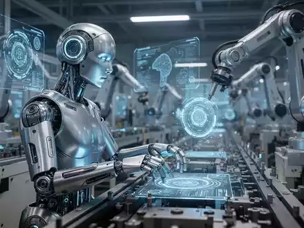 Advanced humanoid robot working on an assembly line in a high-tech factory, surrounded by other robotic arms and digital interfaces. - Foto: über boerse-global.de