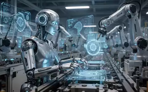 Advanced humanoid robot working on an assembly line in a high-tech factory, surrounded by other robotic arms and digital interfaces. - Foto: über boerse-global.de