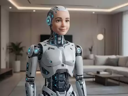 A sleek, lifelike humanoid robot with realistic silicone skin stands in a modern living room, showcasing advanced bionic design. - Foto: über boerse-global.de