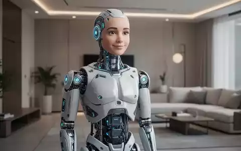 A sleek, lifelike humanoid robot with realistic silicone skin stands in a modern living room, showcasing advanced bionic design. - Foto: über boerse-global.de
