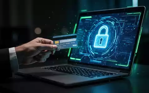 Eine Hand hält eine Kreditkarte vor einem Laptop-Bildschirm, der ein Vorhängeschloss-Symbol anzeigt, und symbolisiert Online-Sicherheit. - Foto: über boerse-global.de