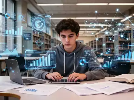 Ein Student arbeitet konzentriert an einem Schreibtisch, umgeben von digitalen Projektionen akademischer Netzwerke und Datenvisualisierungen. - Foto: über boerse-global.de