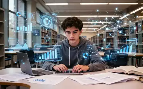 Ein Student arbeitet konzentriert an einem Schreibtisch, umgeben von digitalen Projektionen akademischer Netzwerke und Datenvisualisierungen. - Foto: über boerse-global.de