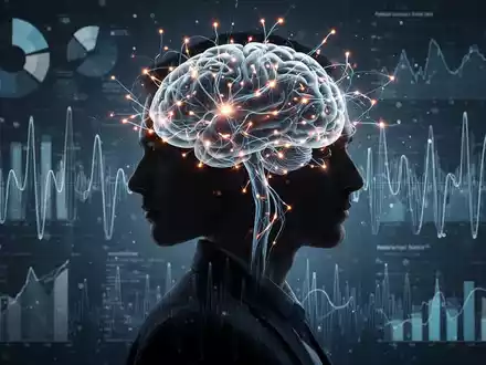 Eine Silhouette eines Kopfes mit leuchtenden neuronalen Verbindungen, überlagert von abstrakten Daten und Gehirnwellenmustern. - Foto: über boerse-global.de