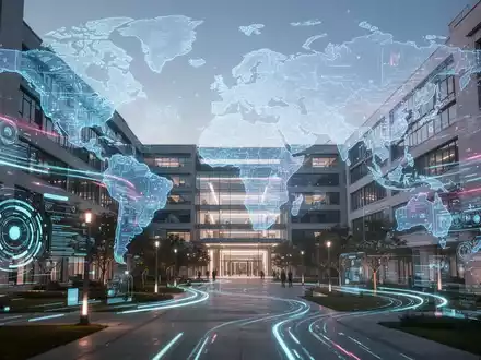 A modern university campus with digital overlays, representing the digitalization of university administration and global educational frameworks. - Foto: über boerse-global.de