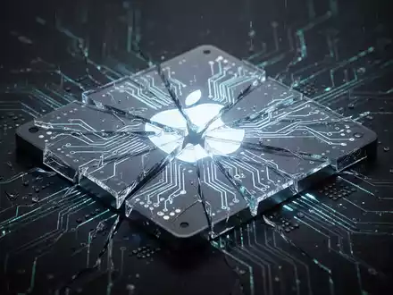Ein gebrochener, leuchtender Apple Silicon Chip auf einer Platine, der Kompatibilitätsprobleme darstellt. - Foto: über boerse-global.de