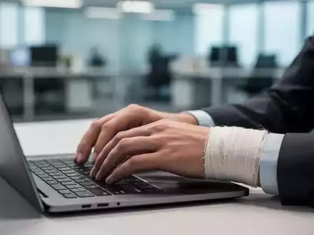 Hände tippen auf einem Laptop, eine Hand trägt einen leichten Verband, im Hintergrund ein unscharfes Büro. - Foto: über boerse-global.de