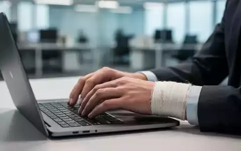 Hände tippen auf einem Laptop, eine Hand trägt einen leichten Verband, im Hintergrund ein unscharfes Büro. - Foto: über boerse-global.de