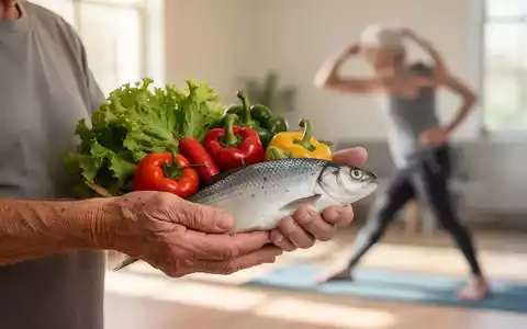 Hände halten frisches Gemüse und Fisch, im Hintergrund verschwommen eine Person beim Yoga. Symbolisiert gesunde Ernährung und Bewegung. - Foto: über boerse-global.de