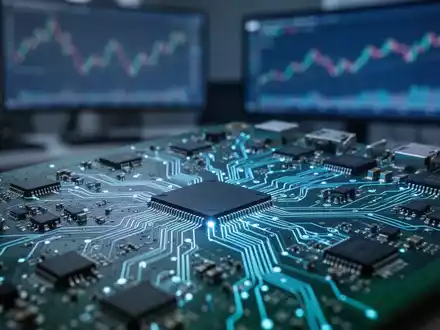 Nahaufnahme einer Leiterplatte mit elektronischen Komponenten und einem verschwommenen Bürohintergrund mit Finanzdiagrammen. - Foto: über boerse-global.de