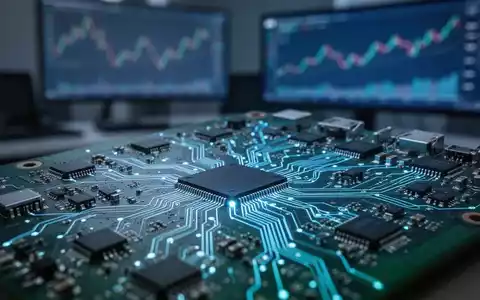 Nahaufnahme einer Leiterplatte mit elektronischen Komponenten und einem verschwommenen Bürohintergrund mit Finanzdiagrammen. - Foto: über boerse-global.de