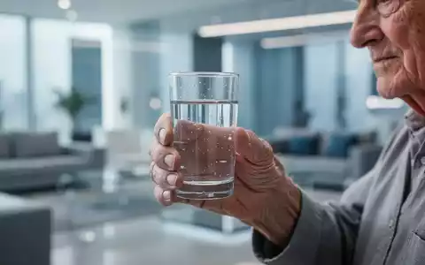 Eine ältere Hand hält ein Glas Wasser, im Hintergrund eine kühle, moderne Umgebung. Symbolisiert den Schutz vor Hitze. - Foto: über boerse-global.de