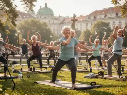 Eine vielfältige Gruppe von Menschen jeden Alters nimmt an einem Outdoor-Yoga-Kurs in einem sonnigen Park in Wien teil, im Hintergrund sind historische Gebäude zu sehen. - Foto: über boerse-global.de