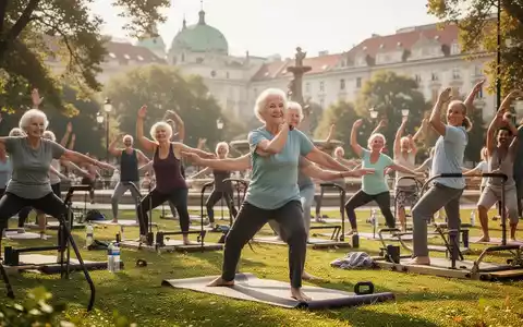 Eine vielfältige Gruppe von Menschen jeden Alters nimmt an einem Outdoor-Yoga-Kurs in einem sonnigen Park in Wien teil, im Hintergrund sind historische Gebäude zu sehen. - Foto: über boerse-global.de