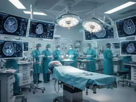 Ein hochmoderner Operationssaal mit leuchtenden Bildschirmen und medizinischer Technologie, unscharfe Ärzte im Hintergrund. - Foto: über boerse-global.de