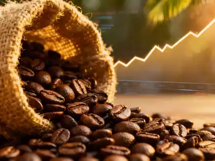 Kaffeebohnen auf einem Jutesack, mit einem unscharfen Hintergrund einer steigenden Kursgrafik, die den Kaffeepreis symbolisiert. - Foto: über boerse-global.de