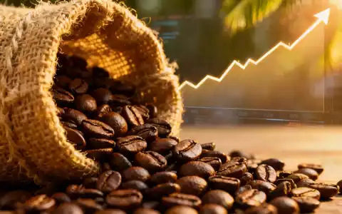 Kaffeebohnen auf einem Jutesack, mit einem unscharfen Hintergrund einer steigenden Kursgrafik, die den Kaffeepreis symbolisiert. - Foto: über boerse-global.de