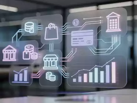 Ein stilisiertes digitales Interface, das Shopify-Integration mit Finanzdaten darstellt, mit leuchtenden Linien, die E-Commerce- und Fintech-Symbole verbinden. - Foto: über boerse-global.de