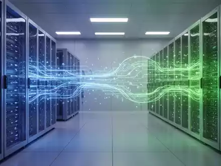 A glowing data stream moving between two server racks, one blue and one green, symbolizing cloud data migration. - Foto: über boerse-global.de