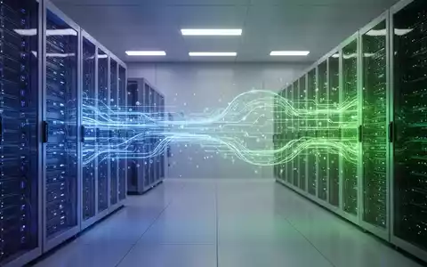 A glowing data stream moving between two server racks, one blue and one green, symbolizing cloud data migration. - Foto: über boerse-global.de