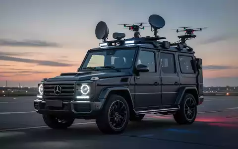 An armored Mercedes-Benz G-Class SUV with radar and drone launchers on an airfield, symbolizing drone defense technology. - Foto: über boerse-global.de