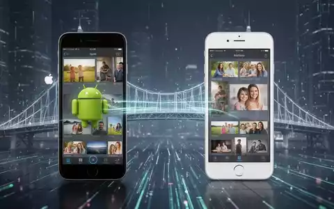A digital bridge connecting an Android smartphone and an Apple iPhone, both displaying photo album interfaces. - Foto: über boerse-global.de