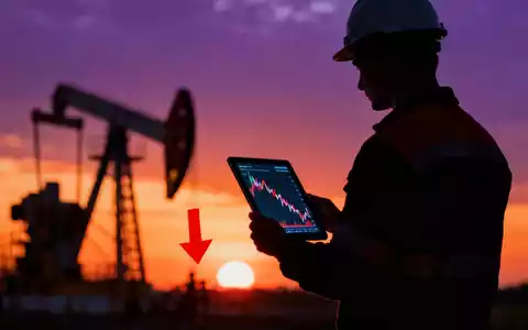 Ein silhouettierter Ölarbeiter blickt auf ein Tablet mit einem fallenden Börsenchart vor der Kulisse einer Energieanlage bei Sonnenuntergang. - Foto: über boerse-global.de