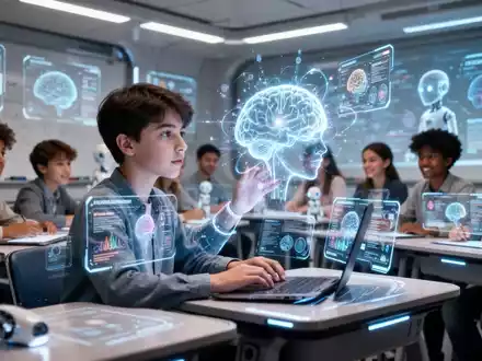 Eine Schülerin interagiert in einem modernen Klassenzimmer mit einer holografischen KI-Schnittstelle, die personalisiertes Lernen darstellt. - Foto: über boerse-global.de