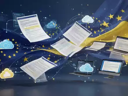 Abstract visualization of digital documents connecting, with subtle European Union flag colors, symbolizing European cloud software development and digital sovereignty. - Foto: ĂŒber boerse-global.de
